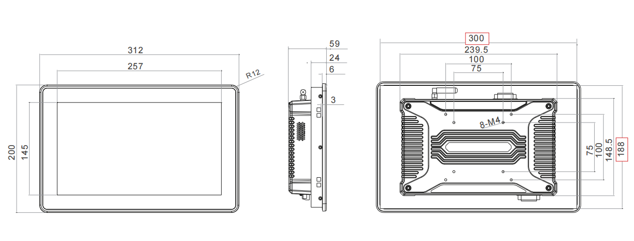 11.6 RK3568 Fanless ARM Industrial Panel PC Size