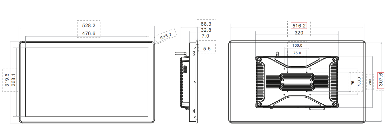 21.5 Inches Rugged All in One Panel RK355 Size