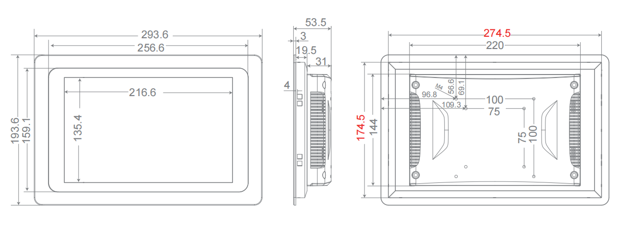 10.1” J6412 Windows Panel PC Size and Ratio