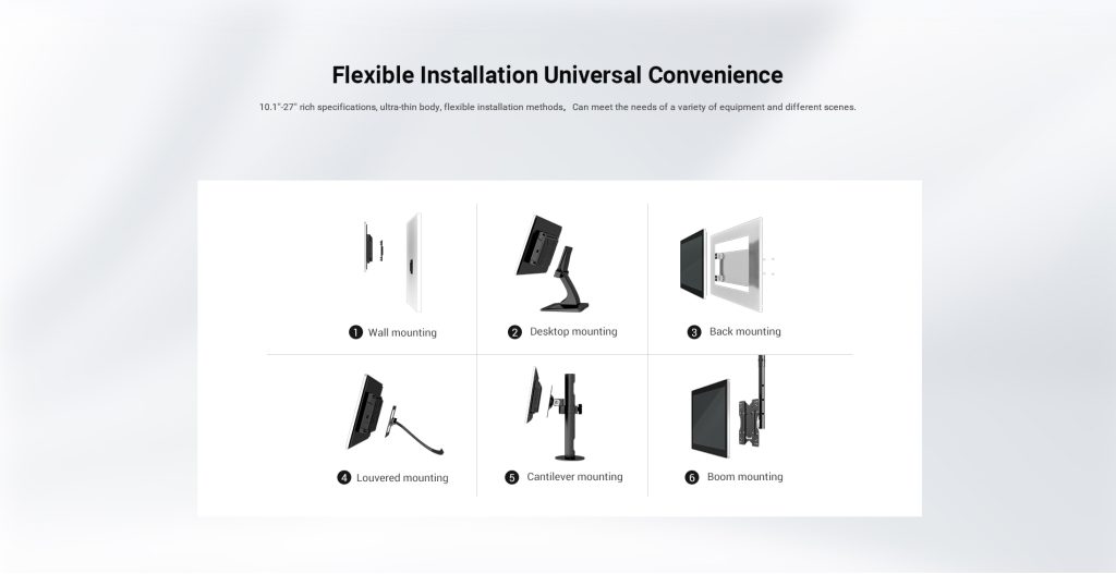 TouchThink Z Series Model A Industrial LCD Monitors supports multi-installation methods such as wall mount, desktop, Vesa, Louvered, Cantilever, Boom Mounting
