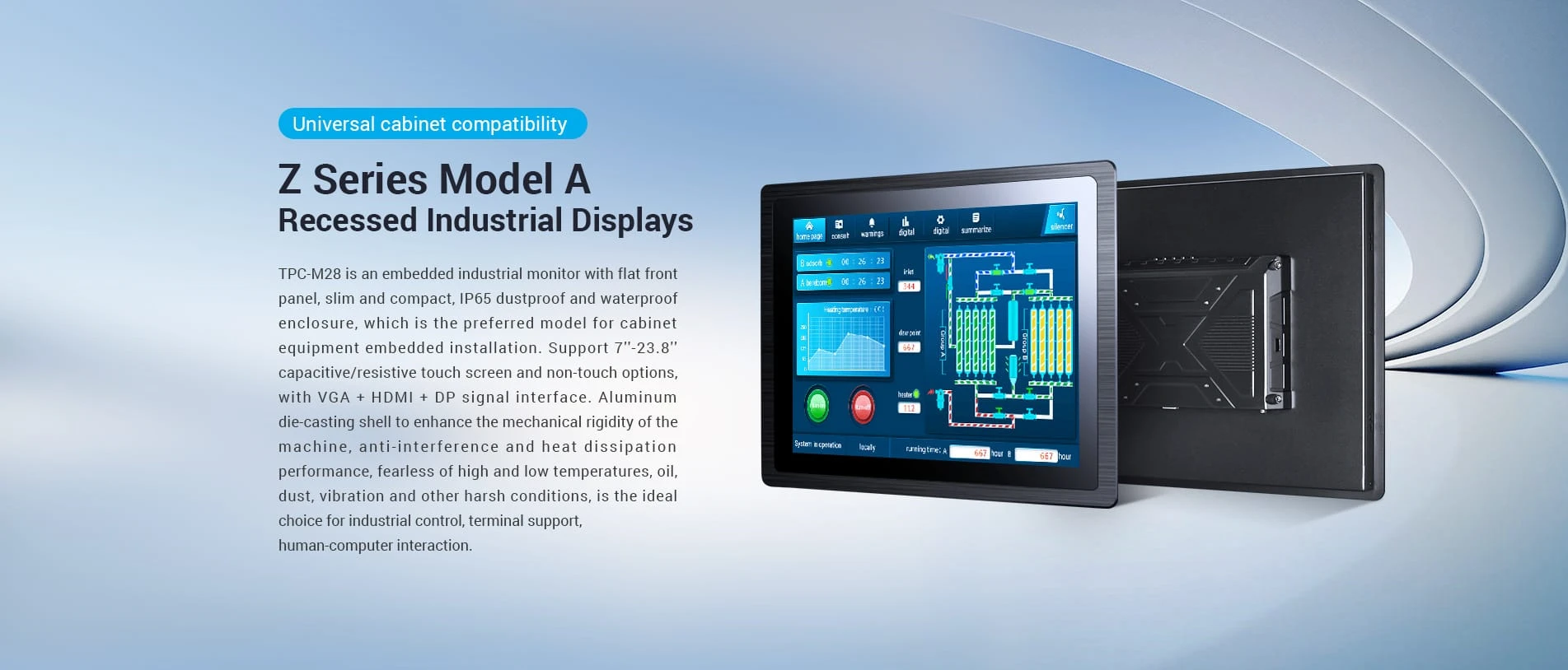 TPC-M28-is-an-recessed-industrial-monitor-with-flat-front-panel,-slim-and-compact,-IP65-dustproof-and-waterproof_01-TouchThink IPC Manufacturing