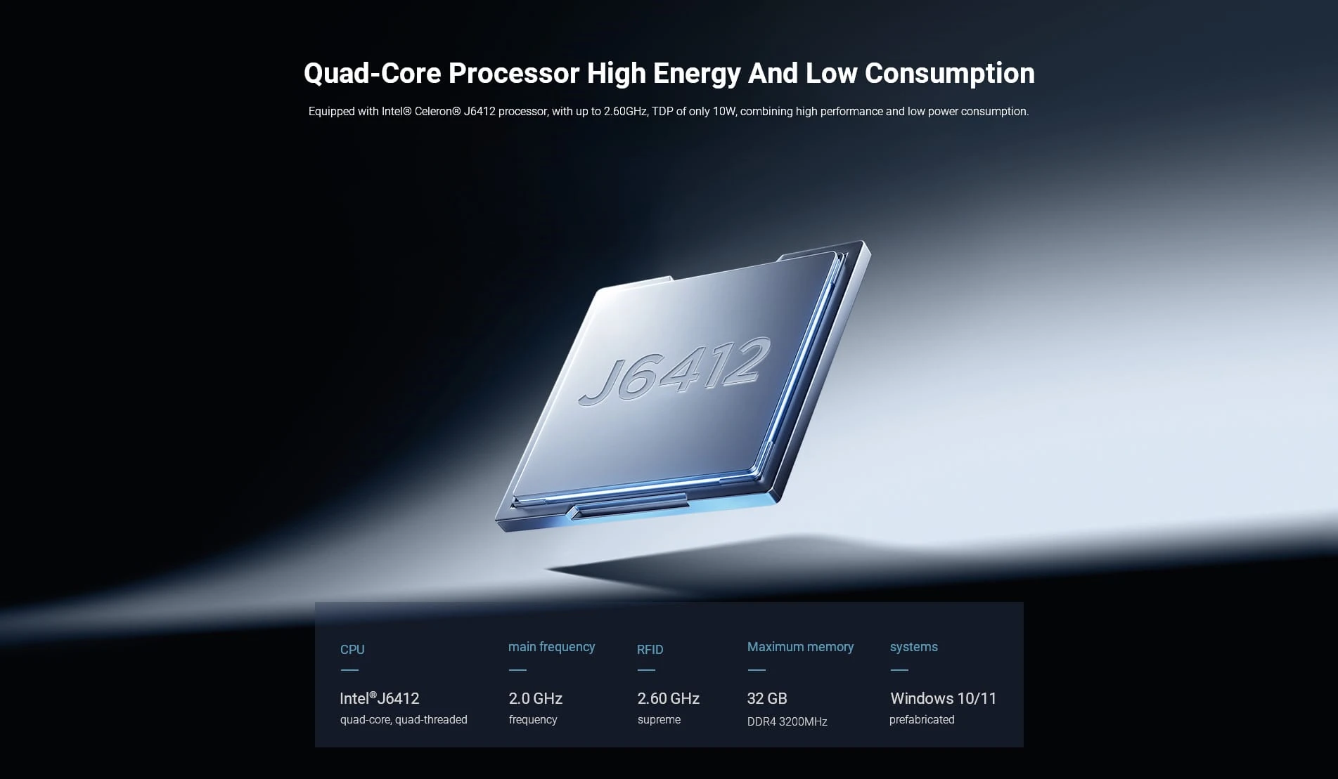 Intel Celeron J6412 Quad core processor and low consumption