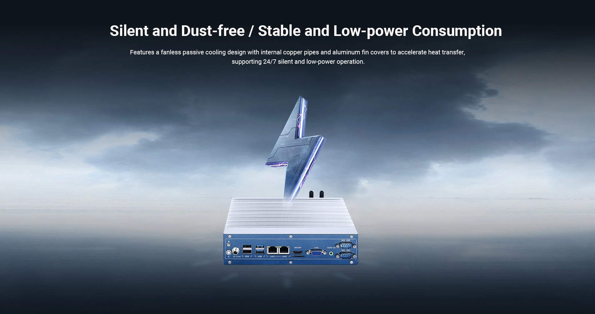 Features a fanless passive cooling design with internal copper pipes and aluminum fin covers to accelerate heat transfer, supporting 24/7 silent and low-power operation.