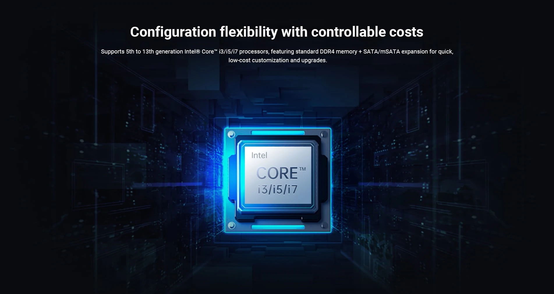 Supports 5th to 13th generation Intel® Core™ i3/i5/i7 processors, featuring standard DDR4 memory + SATA/mSATA expansion for quick, low-cost customization and upgrades.