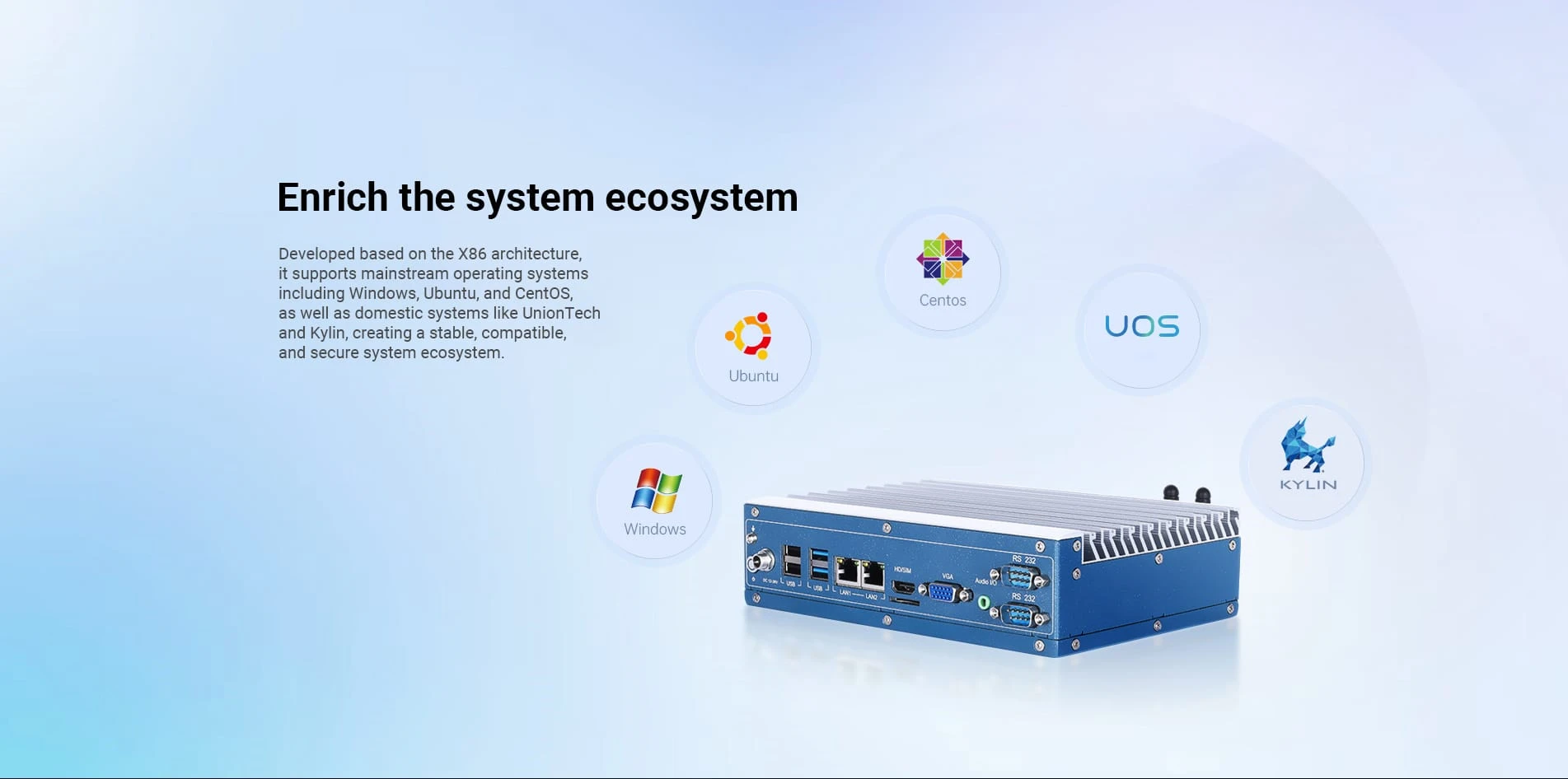 Developed based on the X86 architecture, it supports mainstream operating systems including Windows, Ubuntu, and CentOS, as well as domestic systems like UnionTech and Kylin, creating a stable, compatible, and secure system ecosystem.