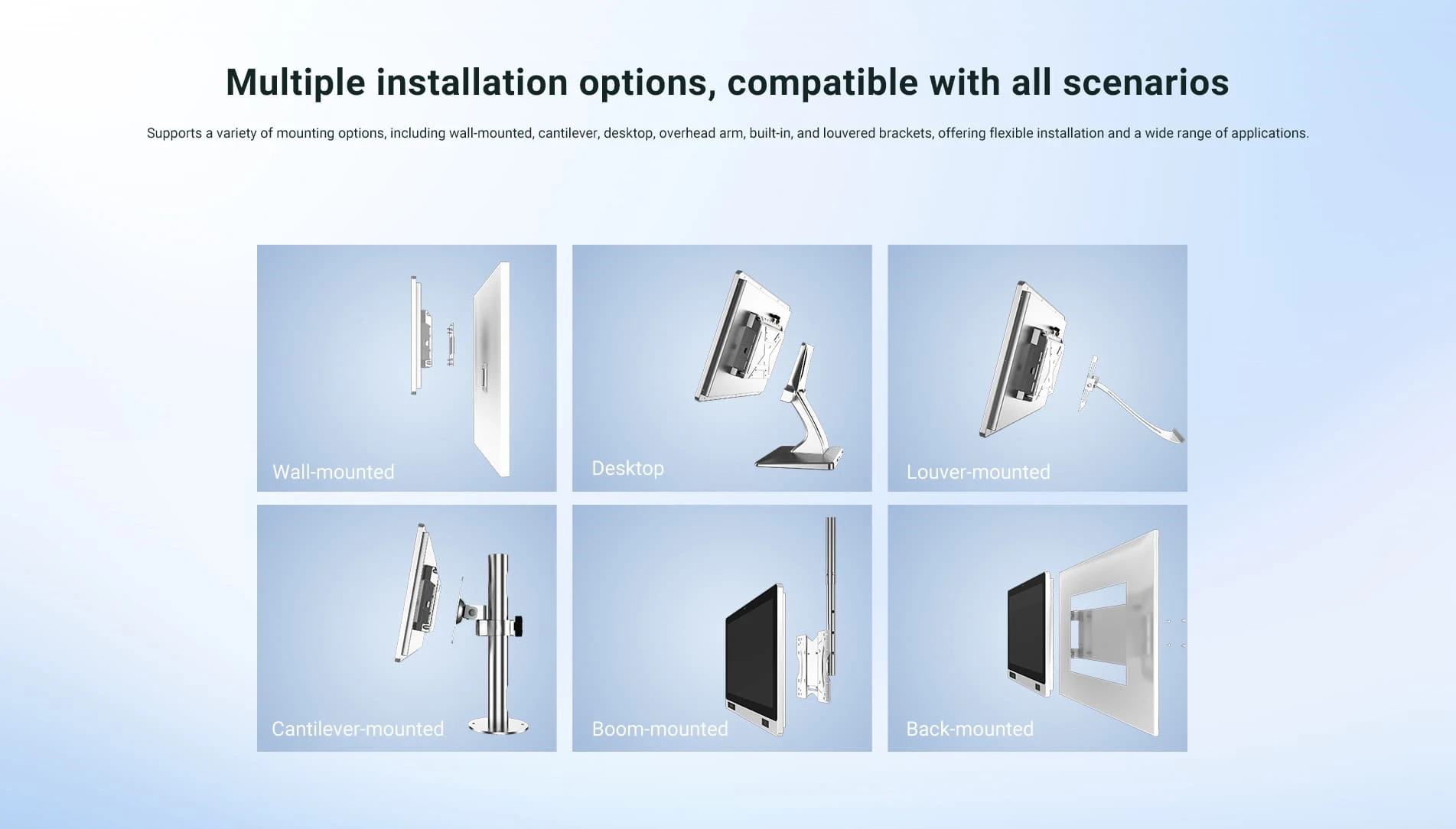 Shop floor terminals support a variety of mounting options, including wall-mounted, 캔틸레버 장착, desktop installation, louver-mounted, 붐 장착형, back-mounted, and other installation methods.